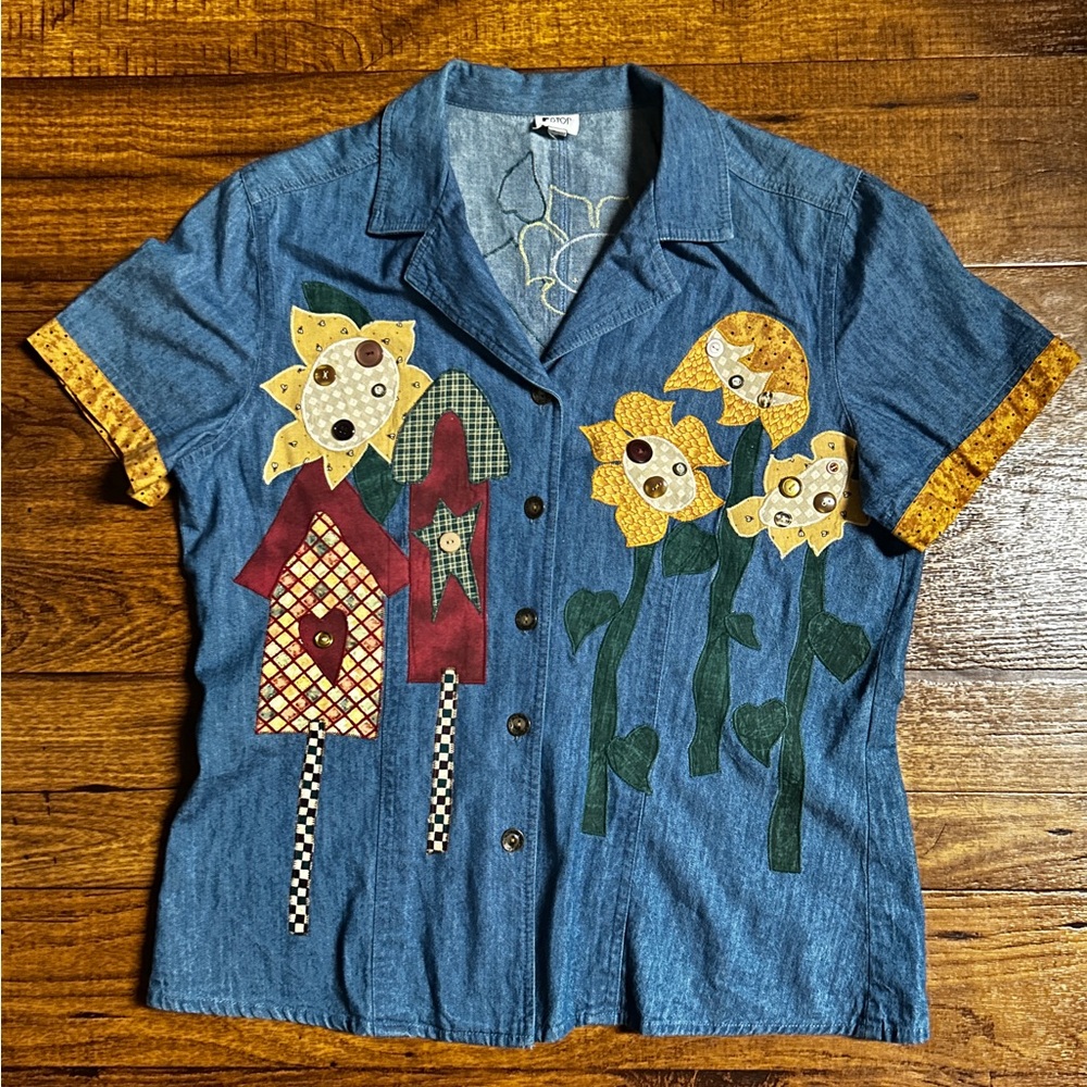 Fstop ~ Large Denim Blue W/Fall Colors ~ Embroidery Flower & House Design Shirt